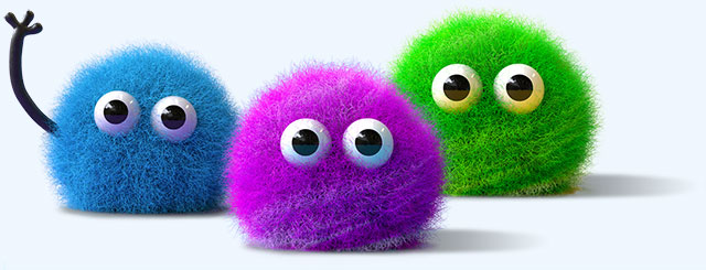 Trio of round, fuzzy creatures - one blue, one magenta, and one green - that look like pompoms with googly eyes.